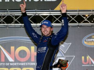 Ben Kennedy celebrates after winning Wednesday night's NASCAR Camping World Truck Series race at Bristol Motor Speedway.  It marked the first series win of Kennedy's career.  Photo by Sean Gardner/NASCAR via Getty Images
