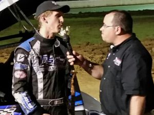 Brian Bell in interviewed after winning Saturday night's USCS Sprint Car Series race at Jackson Motor Speedway.  Photo: USCS Media