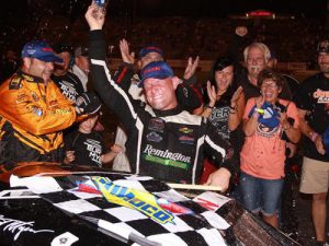 Burt Myers celebrates after winning Saturday night's NASCAR Whelen Southern Modified Tour race at Bowman Gray Stadium. Photo: Eric Hylton Photography for NASCAR