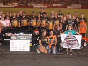 Burt Myers is joined by a crowd of supporters in celebration of his 2016 Modified championship at Bowman Gray Stadium. It marked his seventh title of his career at the famed raceway. Photo: Eric Hylton Photography