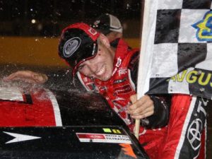 Dalton Sargeant climbs from his car in victory lane at Berlin Raceway after scoring his first career ARCA Racing Series win Saturday night.  Photo: ARCA Media
