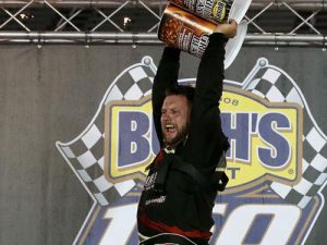 Eric Goodale celebrates in victory lane winning Wednedsay night's combined NASCAR Whelen Modified and Whelen Southern Tour race at Bristol Motor Speedway. Photo: Getty Images for NASCAR