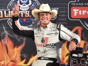 Graham Rahal celebrates in victory lane after winning Saturday night's Verizon IndyCar Series race at Texas Motor Speedway. Photo by Chris Owens