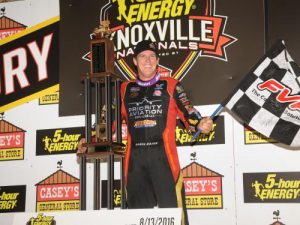 Jason Johnson celebrates in victory lane after scoring the win in Saturday night's 56th annual Knoxville Nationals. Photo: Knoxville Raceway Media