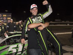 Justin Bonsignore celebrates with crew members after winning last week's NASCAR Whelen Modified Tour race at Thompson Speedway Motorsports Park. Photo by Mike Ivins/Getty Images for NASCAR