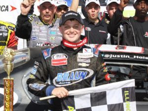 Justin Haley is all smiles after scoring his first career ARCA Racing Series victory Sunday on the one-mile dirt track at the Illinois State Fairgrounds.  Photo: ARCA Media