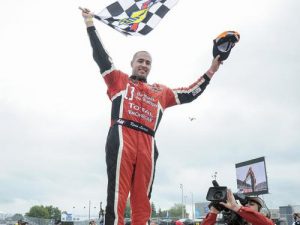Kevin Lacroix celebrates his second straight win at Circuit de Trois-Rivieres on Sunday in the NASCAR Pinty's Series. Photo by Matthew Manor/NASCAR