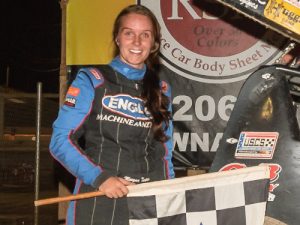 Morgan Turpen made her fourth trip of the season to victory lane in USCS Sprint Car Series action on Saturday night at Senoia Raceway.  Photo by Francis Hauke/22fstops.com