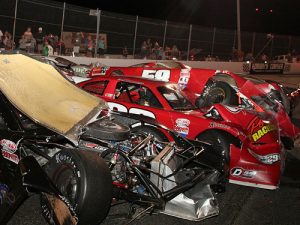 Several drivers were caught up in this multi-car crash on lap 127, including Trey Jarrell (12), Spencer Davis (29) and Tyler Ankrum (58).  No one was injured, but several cars were eliminated from the race.  Photo: LWPictures.com