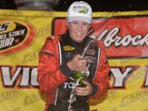 Raphael Lessard celebrates in victory lane after scoring the Super Late Model victory in Saturday night's CARS Racing Tour event at Concord Speedway. Photo by Kyle Tretow/CARS Tour