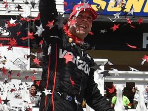 Will Power celebrates in victory lane after winning Monday's rain-delayed Verizon IndyCar Series race at Pocono Raceway.  Photo by Chris Owens