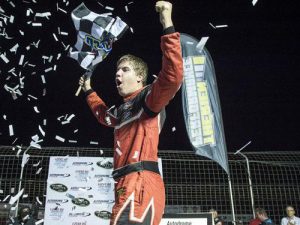Cayden Lapcevich celebrates winning the Lucas Oil 250 Saturday at Quebec's Autodrome St. Eustache for his third NASCAR Pinty's Series victory of the season. Photo by Matthew Manor/NASCAR