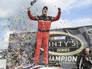 Cayden Lapcevich celebrates winning the 2016 NASCAR Pinty's Series championship at Sunday's season finale at Kawartha Speedway.  Photo by Matthew Manor/NASCAR