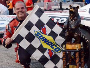 Donnie Wilson scored the victory and the unique Black Bear trophy on Sunday with a win in the Alabama 200 at Montgomery Motor Speedway.  The win allowed Wilson to clinch the 2016 Southern Super Series championship.  Photo by Eddie Richie/Turn One Photos/Loxley, AL