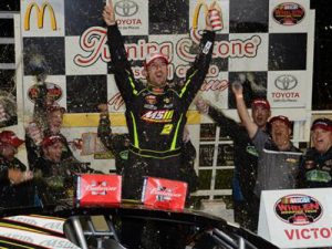 Doug Coby celebrates in Victory Lane at Oswego Speedway after his NASCAR Whelen Modified Tour win Saturday night. Photo by Fran Lawlor/NASCAR