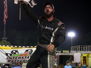 Eric Winslow celebrates in victory lane after winning Saturday night's Late Model feature at Carteret County Speedway.  Photo: Carteret County Speedway