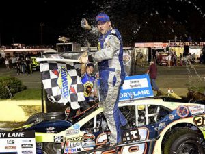 George Brunnhoelzl III celebrates after winning Saturday night's NASCAR Whelen Southern Modified Tour race at at Caraway Speedway, giving him his third series victory of the season. Photo by Grant Halverson/NASCAR 