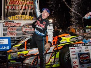 James Civali celebrates his first NASCAR Whelen Southern Modified Tour victory since 2010 after winning Saturday night's race at South Boston Speedway. Photo by Brenda Meserve/NASCAR