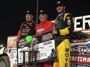Jimmy Mars (center) scored the World of Outlaws Craftsman Late Model Series victory Saturday night at Lernerville Speedway. Morgan Bagley (left) finished in second, with Billy Moyer, Jr. (right) in third. Photo: WoO Media