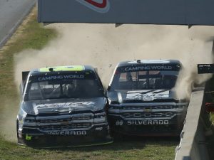 John Hunter Nemechek (8) crashes into Cole Custer (00) coming to the finish line at Canadian Tire Motorsport Park in Sunday's Camping World Truck Series race.  Nemechek was scored as the winner.  Photo by Tom Szczerbowski/NASCAR/NASCAR via Getty Images