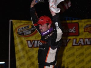 Josh Berry celebrates after winning Saturday night's CARS Racing Tour Late Model Stock feature at Myrtle Beach Speedway.  Photo by Kyle Tretow/CARS Tour