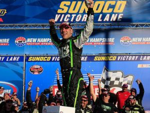 Justin Bonsignore celebrates in victory lane after winning Saturday's NASCAR Whelen Modified Tour race at New Hampshire Motor Speedway.  It marked his first series win at the "Magic Mile." Photo: NASCAR via Getty Images