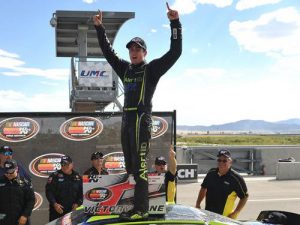 Noah Gragson made a late race move on Todd Gilliland Sunday to sweep the NASCAR K&N Pro Series West weekend at Utah Motorsports Campus. Photo by Gene Sweeney, Jr./NASCAR via Getty Images