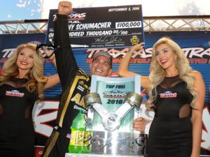 Tony Schumacher scored the victory in the Top Fuel portion of the Traxxas Nitro Shootout Saturday at Lucas Oil Raceway Park.  Photo: NHRA Media