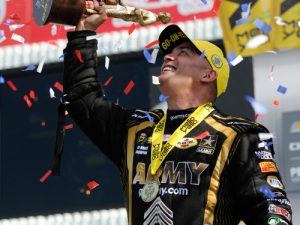Tony Schumacher celebrates after taking the Top Fuel victory in Monday's finals at the U.S. Nationals for the NHRA Mello Yello Drag Racing Series.  Photo: NHRA Media