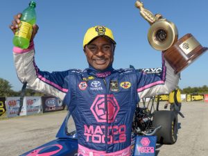 Antron Brown celebrates after winning in Sunday's NHRA Mello Yello Drag Racing Series Top Fuel finals at the Texas Motorplex.  Photo: NHRA Media