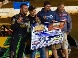 Donald McIntosh celebrates with his Blount Motorsports crew after winning the $10,000 Tennessee State Championship for the Southern Nationals Bonus Series at Crossville Speedway Sunday night. Photo: Blount Motorsports