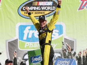 Grant Enfinger celebrates in victory lane after winning after Saturday's NASCAR Camping World Truck Series race at Talladega Superspeedway.  Photo by Jerry Markland/Getty Images