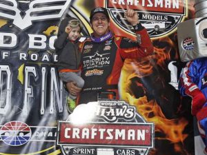 Jason Johnson celebrates after winning Friday night's World of Outlaws World Finals feature at The Dirt Track at Charlotte. Photo: HHP/Alan Marler