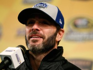 Jimmie Johnson answers questions from the media prior to practice for Sunday's NASCAR Sprint Cup Series race at Kansas Speedway.  Photo by Brian Lawdermilk/NASCAR via Getty Images