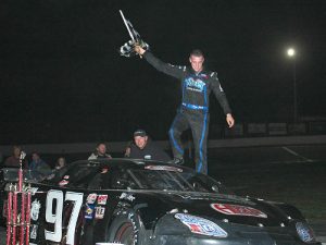 Joey Polewarczyk, Jr. celebrates after winning Friday night's PASS North Super Late Model Series race at Star Speedway.  Photo by Lindsay Ellison