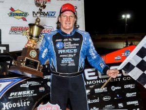Scott Bloomquist celebrates in victory lane after winning Sunday night's Lucas Oil Late Model Dirt Series race at Rome Speedway.  Photo by Kevin Prater/praterphoto.com