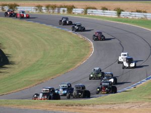 A groups of Legends drivers power around Atlanta Motorsports Park in Dawsonville, Georgia in the final round of the Atlanta Motor Speedway Road Course Championship on Saturday. Photo by Tom Francisco/Speedpics.net