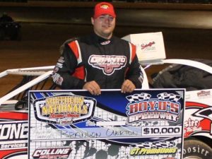 Brandon Overton scored his first Southern Nationals Bonus Series feature victory in Saturday night's "Gobbler" Late Model feature at Boyd's Speedway.  Photo by Ronnie Barnett/The Photo Man