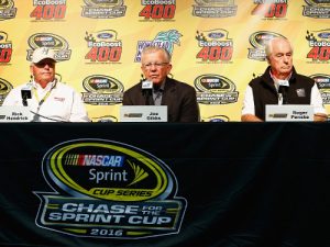 Team owners Rick Hendrick (left), Joe Gibbs (center) and Roger Penske (right) speak to the media during a Friday press conference at Homestead-Miami Speedway.  Photo by Jonathan Ferrey/NASCAR via Getty Images