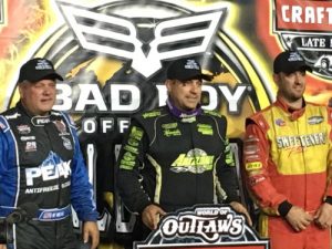 Chris Madden (center) scored the victory in Saturday night's World of Outlaws Craftsman Late Model Series season finale at The Dirt Track at Charlotte. Tim McCreadie (right) finished in second, with Don O'Neal (left) in third. Photo: WoO Media