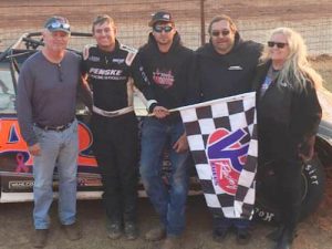 Cla Knight celebrates after winning the 2016 FASTRAK Pro Late Model Series Southeast National Championship with a second-place finish behind winner Trent Ivey on Sunday afternoon in the Georgia State Championship Race at Lavonia Speedway.  Photo: Courtesy Cla Knight Racing