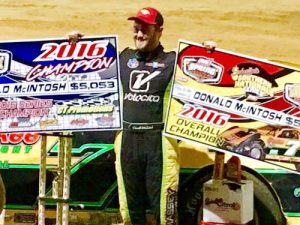 Donald McIntosh celebrates his Southern Nationals Series championships following a third place finish in Saturday night's "Gobbler" Late Model feature at Boyd's Speedway.  Photo: Blount Motorsports