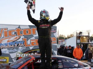 Tommy Lemons, Jr. celebrates after winning Sunday's Thanksgiving Classic Late Model Stock feature at Southern National Motorsports Park.  Photo: Courtesy SNMP Media